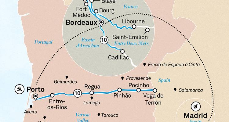 A map showing a route through various European cities and landmarks.