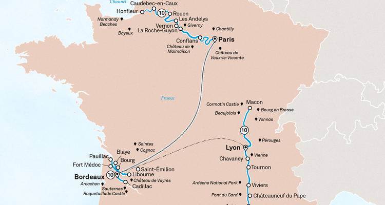 Kaart die de Bordeaux cruise verbindt met Lyon en Rhône reizen door Frankrijk.