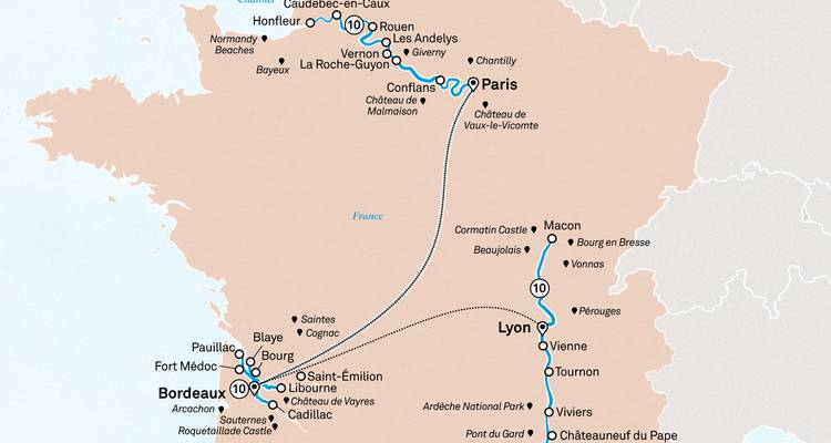 Travel map of France highlighting a route between Paris, Bordeaux and Lyon with multiple stops.