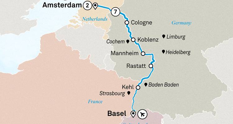 Une carte montrant un itinéraire à travers diverses villes et pays européens.
