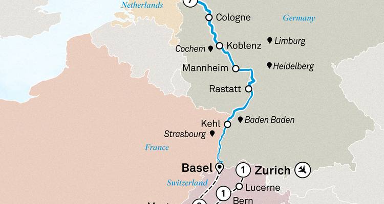 Map showing various cities in Germany, France, and Switzerland.