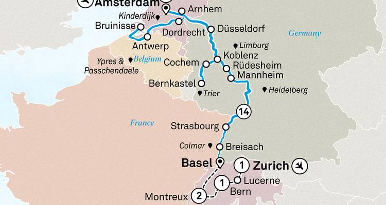 Carte montrant l'itinéraire de la croisière fluviale à travers l'Europe.