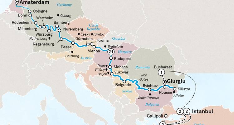 Große Amsterdam nach Istanbul Fluss-und-Meer-Reiseroute Karte via Donau und Schwarzes Meer.