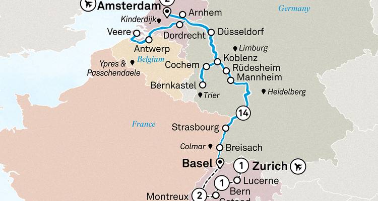 A map showing a travel route through parts of Europe, including major cities.
