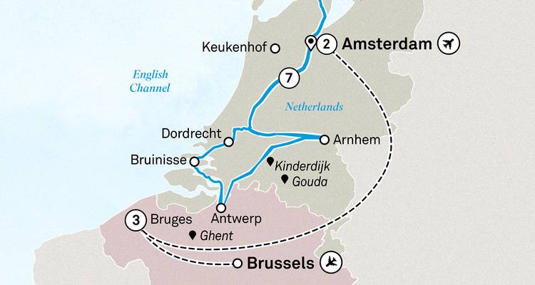 Carte montrant l'itinéraire de visite aux Pays-Bas et en Belgique.