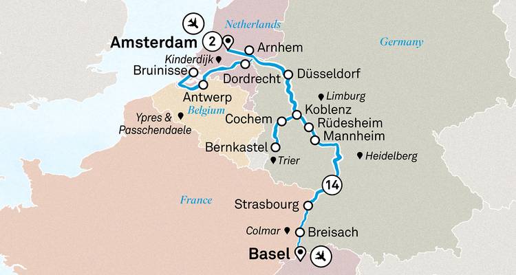 Carte montrant l'itinéraire de voyage à travers plusieurs villes en France et en Suisse.