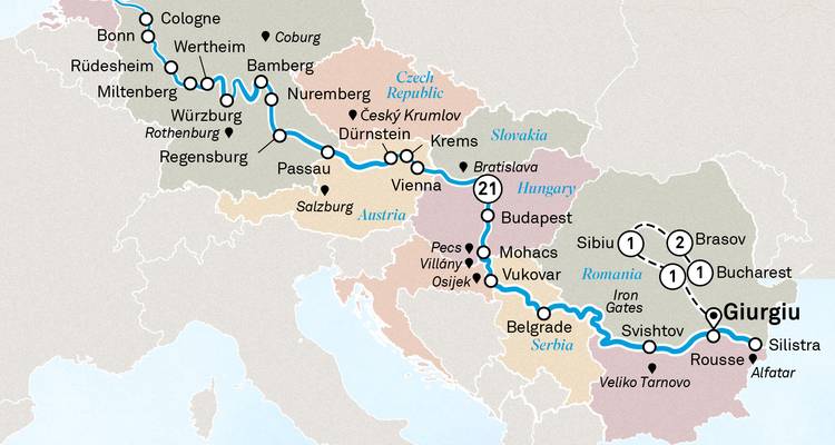 Erweiterte Kreuzfahrtkarte von Amsterdam nach Bukarest mit hervorgehobenen Stopps in Mitteleuropa.