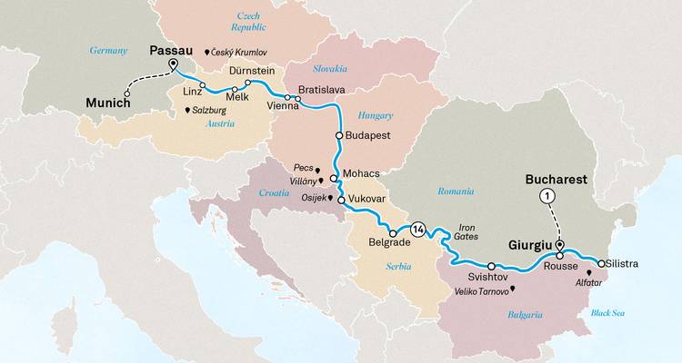Map of Danube River cruise from Munich to Giurgiu with country borders highlighted