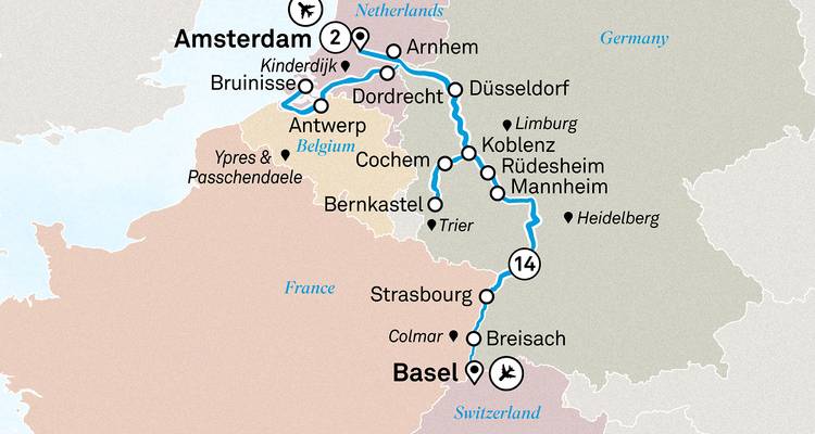 Carte montrant l'itinéraire de voyage à travers plusieurs villes de pays européens.