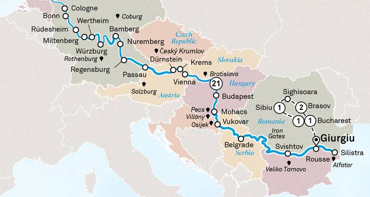 Mapa completo del crucero Rin-Meno-Danubio de Ámsterdam a Bucarest con ramal al Mar Negro.