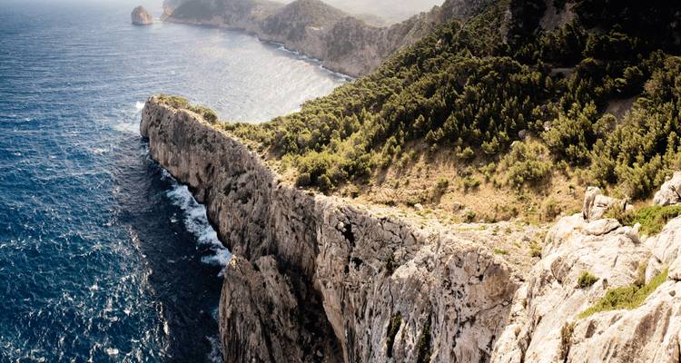 Falaise calcaire spectaculaire couverte de pins surplombant les eaux bleu profond de la Méditerranée sur la côte de Majorque.