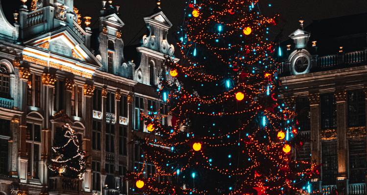 Sapin de Noël décoré sur une place de la ville la nuit.