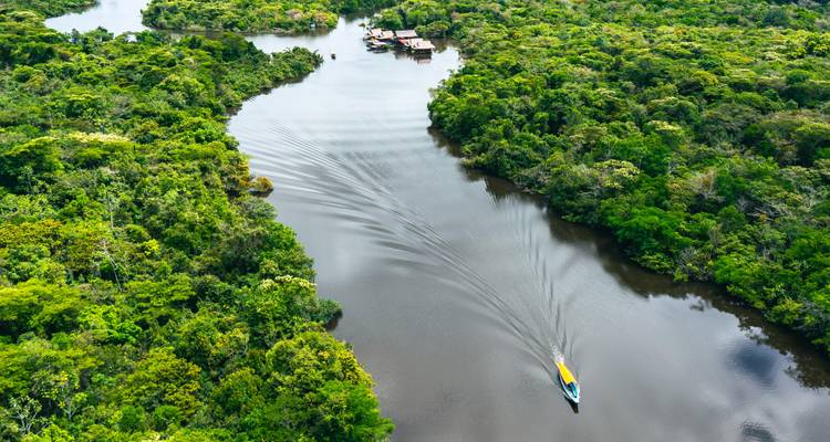 Vue aérienne d'une rivière et d'un bateau entourés d'une végétation luxuriante