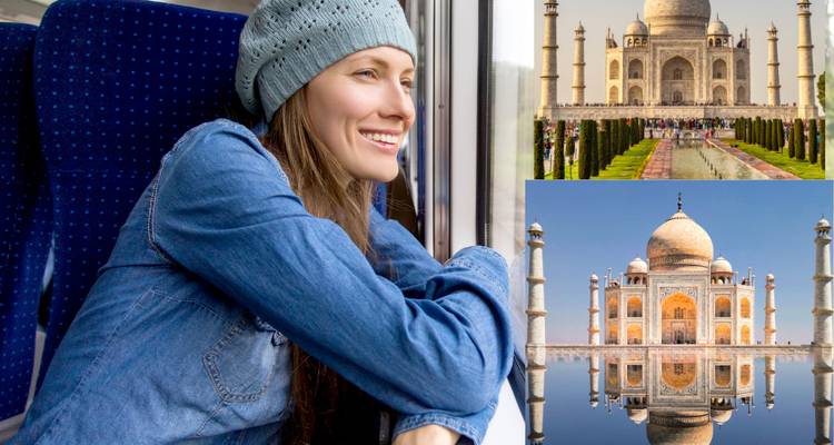 Personne dans le train et images du Taj Mahal.