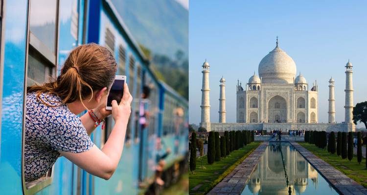 Personne photographiant depuis un train et le Taj Mahal.