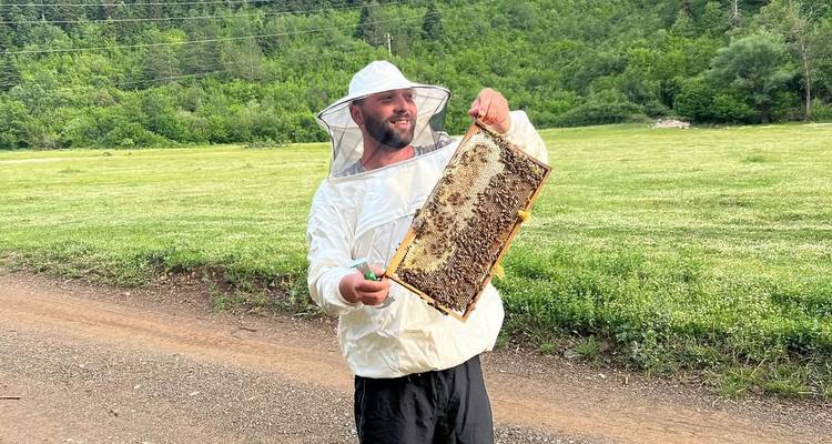 Personne en tenue d'apiculture tenant un cadre de rayons de miel dans un environnement rural.