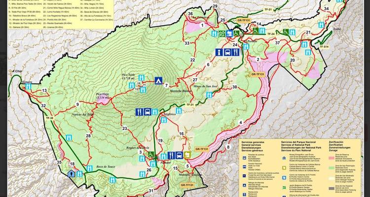 Carte des sentiers de randonnée du Parc National du Teide.