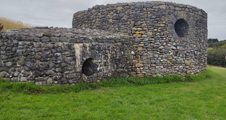 D'anciens forts de pierre entourés de champs herbeux.