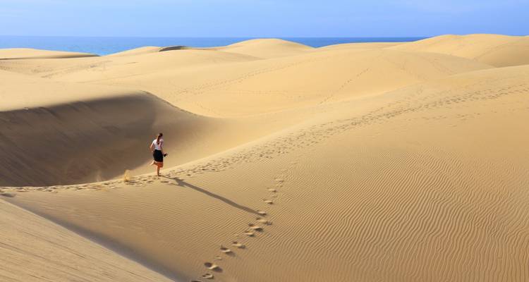 A person walking on sand dunes stretching to the horizon.