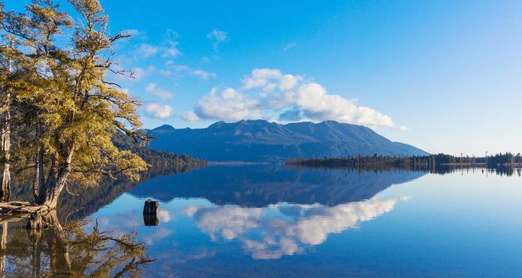 Spiegelglatter Alpensee, der schneebedeckte Berggipfel und blauen Himmel widerspiegelt, mit einem einsamen Baum am Ufer.