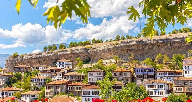 Ville avec des maisons historiques et une colline rocheuse en arrière-plan.