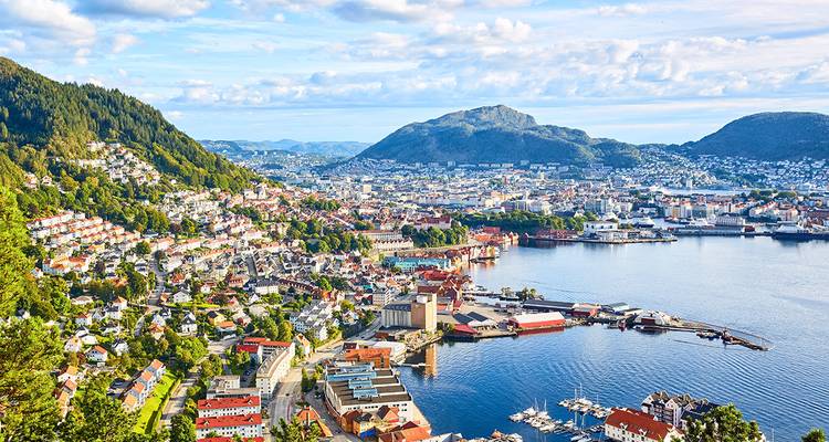 Panoramic city view with harbor and mountains in the background.