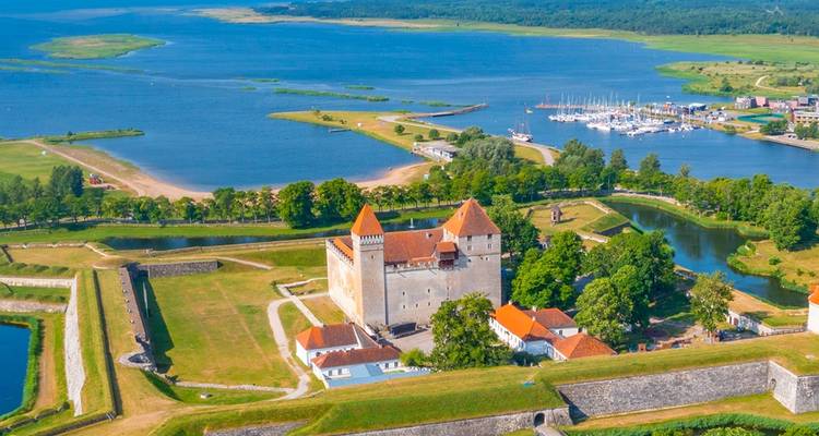 Une vue aérienne d'un château avec des toits rouges entouré d'eau et de champs verts.