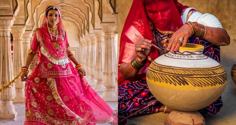 Gesplitste afbeelding van een vrouw in traditionele kleding en het maken van aardewerk.