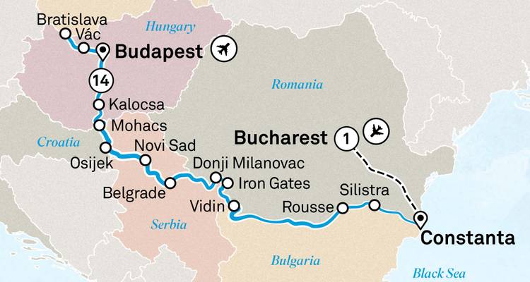 Carte d'un itinéraire de voyage à travers certaines parties de l'Europe
