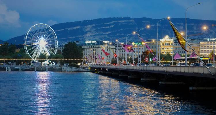 Ville la nuit avec une grande roue et des bâtiments illuminés.