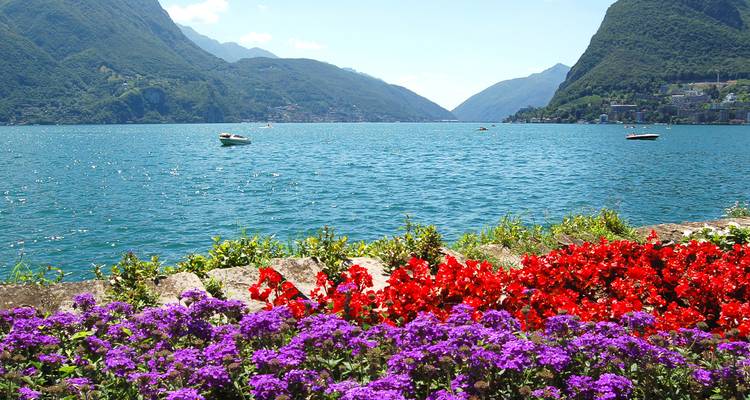 Sparkling blue lake framed by steep green mountains with vivid red and purple flowers blooming on the stone shore and small boats on the water.