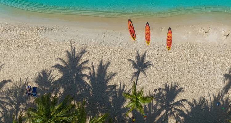 Dronebeeld van een ongerept tropisch strand met kajaks en palmboomschaduwen op wit zand en turquoise water.