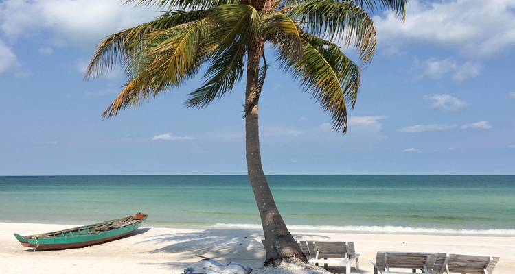 A serene beach with a palm tree and boat, likely on Phu Quoc Island.