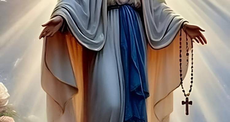 Statue of the Virgin Mary holding a rosary