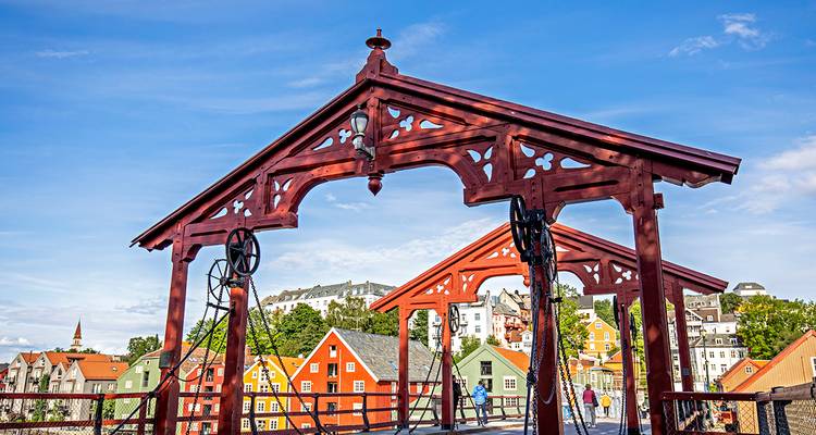Beautifully crafted bridge with people walking across.