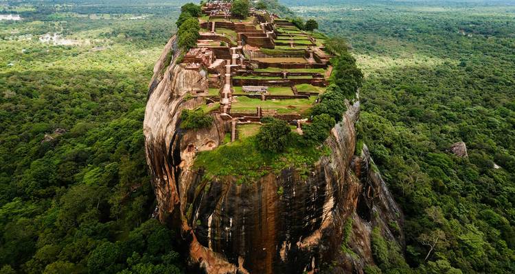 Aerial view of Sigiriya rock fortress surrounded by greenery.