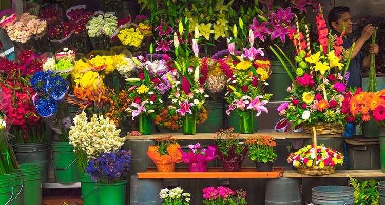 A vibrant flower market with a variety of colorful flowers.