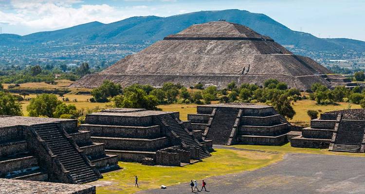 Teotihuacan pyramids and surrounding landscape.