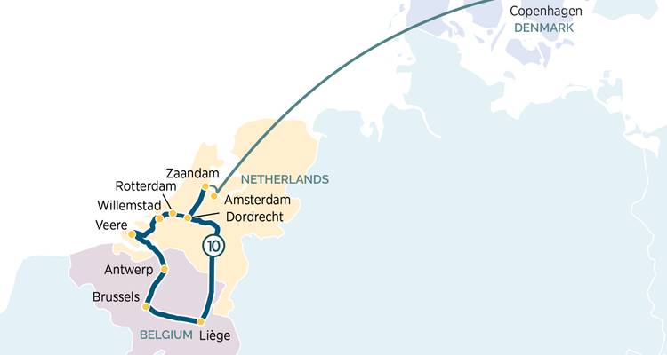 Carte de croisière Pays-Bas-Belgique en double avec connexion Copenhague.