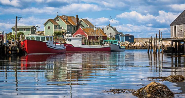 Pequeño pueblo pesquero con barcos y aguas tranquilas.