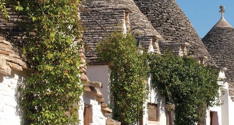 Rangée de maisons Trulli avec de la verdure qui grimpe sur les murs.