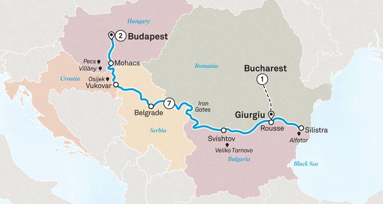 Mapa de crucero por el Danubio de Budapest a Silistra con puertos serbios y búlgaros.