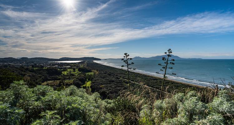 Vue côtière avec une longue plage de sable s'étendant au loin.