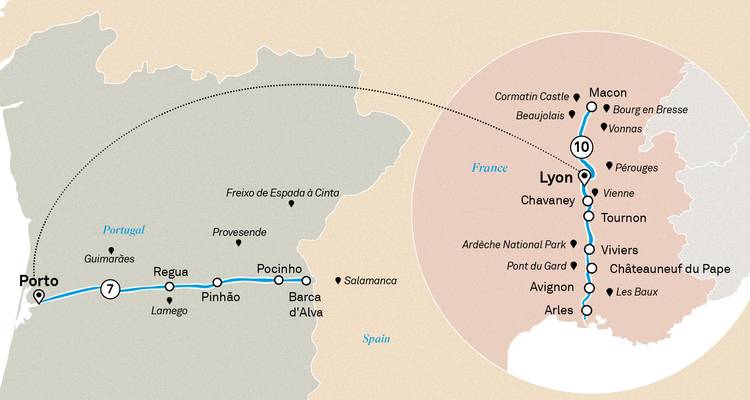 Kaart die Douro- en Rhône-cruiseroutes verbindt met Porto en Lyon als brandpunten.