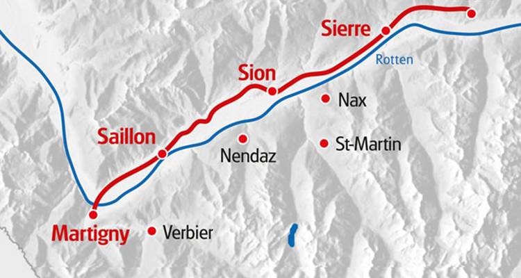 Carte montrant diverses villes et routes en Suisse.
