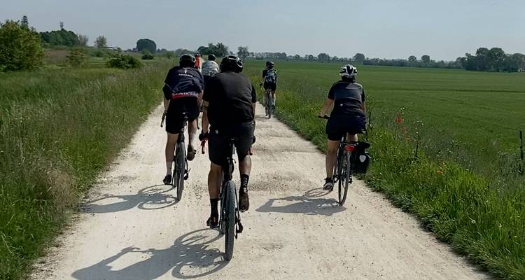 Groupe de cyclistes sur un sentier rural entouré de verdure.