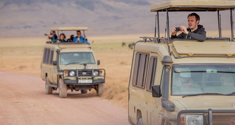 Touristes dans des véhicules de safari photographiant la faune dans la savane.