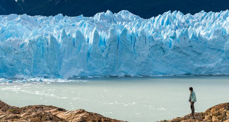 Person near the Perito Moreno Glacier.