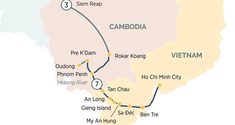 Carte montrant divers lieux au Cambodge et au Vietnam.