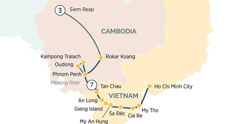 Karte, die verschiedene Orte in Kambodscha und Vietnam zeigt.